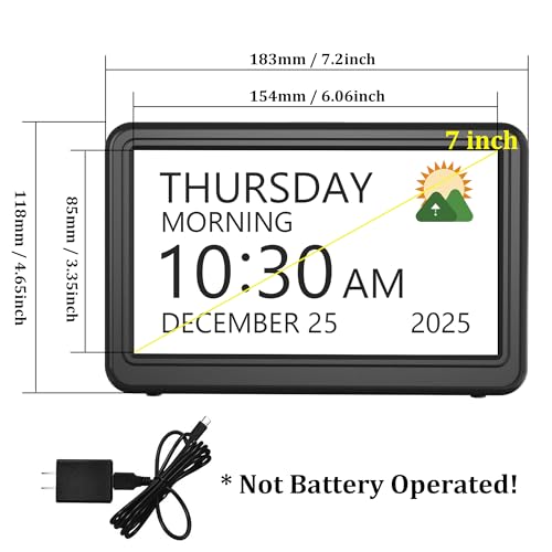 Clock with Day and Date for Elderly, 7" Large Display Digital Calendar Day Clock with 20 Custom Alarms and Medicine Reminders, Dimmable Dementia Alzheimers Clocks for Seniors, Black (Ac Powered)