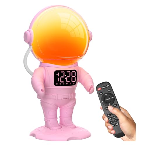 AFEXOA Astronaut Sunrise Alarm Clock for Kids, White Noise Sound Machine with 30 Soothing Sounds, 22 Dimmable Nightlights, Bluetooth Speaker, Dual Alarms, Wake Up Light for Bedroom(Pink)