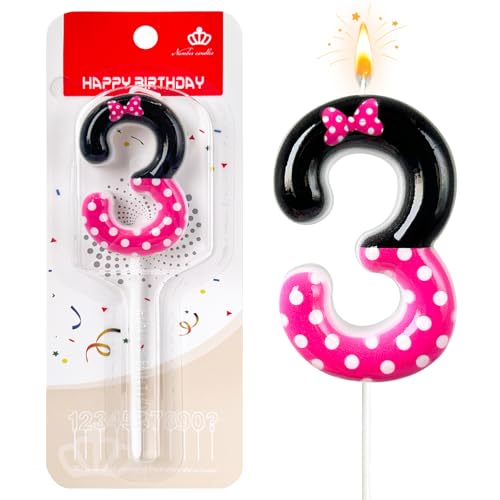 3rd Pink Black Birthday Candles for Girls，Number Birthday Decorations for Girls，Pink Mouse Cake Topper Cupcake Decor，Cartoon Themed Birthday Party Decorations Supplies