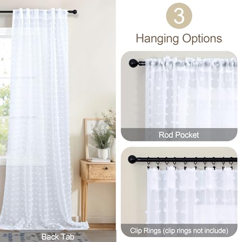 White Sheer Curtains 84 Inches Long for Living Room Bedroom Farmhouse White Pom Pom Curtains 2 Panels Back Tab Shabby Chic Boho Curtain Semi Sheer Nursery Kids Aesthetic Ruffle Drape 52x84 Length