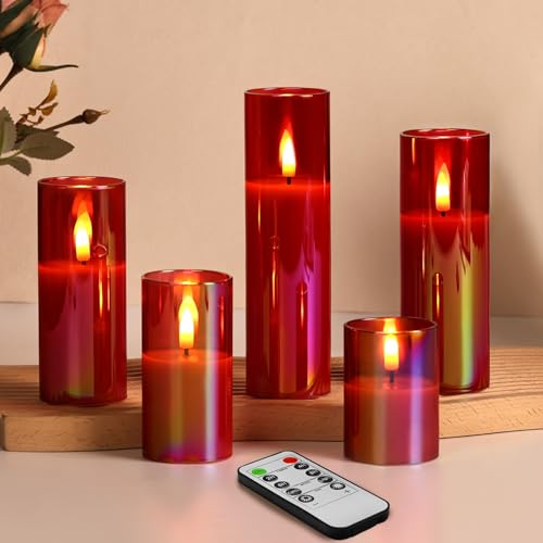 Red Glass Flameless Pillar Candles with Remote Batteries Set of 5