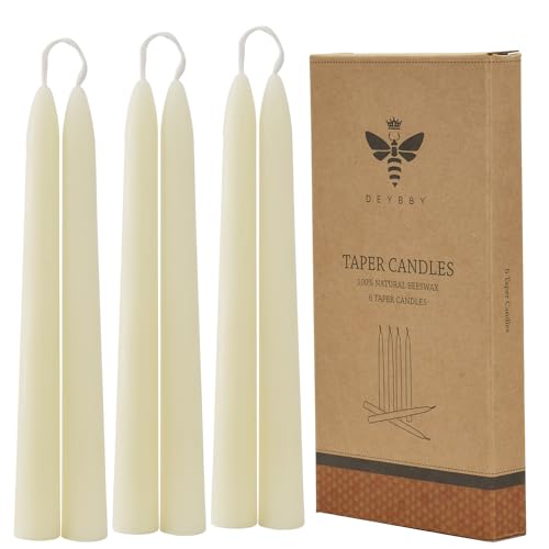 DEYBBY 8 inch Natural White Beeswax Taper Candles Set of 6, Smokeless and Dripless Pure Organic Beeswax Candles Bulk for Anniversary Wedding Dinner Home Decor Emergency Housewarming Gift, 6-7Hrs Burn