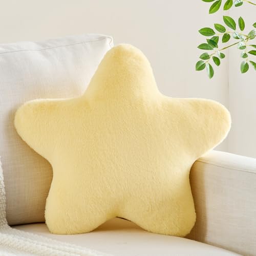 CANGHI Yellow Star Pillow 15.7" Faux Rabbit Fur Throw | Super soft plush decorative cushion, celestial shaped decor for couch, bed and living room. Cozy.