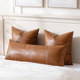 Fancy Homi Brown Boho Long Lumbar Faux Leather Body Decorative Throw Pillow Cover 14x36 Inch for Bedroom Couch Bed Sofa Bench, Hand Stitched Stylish Pillowcase, Rustic Modern Farmhouse Room Decor