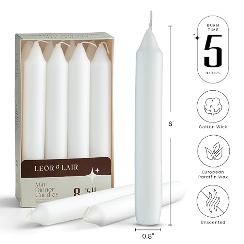 Leor & Lair 6 Inch Short Taper Candles – Pack of 8 White Candlesticks – Unscented Short Candle Sticks with Cotton Wick – 5 Hour Burn Small Taper Candles for Christmas, Weddings, Dinner
