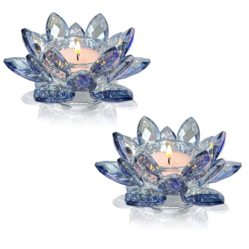 Crystal Lotus Flower Tealight Candle Holders/Glass Tea Light Candlestick Decor Decoration for Christmas Home Wedding Party… (Blue 2pcs)