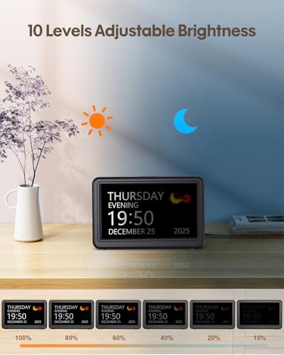 Clock with Day and Date for Elderly, 7" Large Display Digital Calendar Day Clock with 20 Custom Alarms and Medicine Reminders, Dimmable Dementia Alzheimers Clocks for Seniors, Black (Ac Powered)