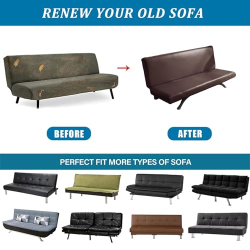 PU Leather Armless Sofa Cover Waterproof Futon Covers Full Size Furniture Protector Sofa Bed Slipcovers for Living Room Brown Medium