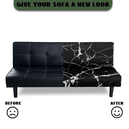Black Marble Futon Covers Slipcover Full Size Furniture Protector Indoor Armless Sofa Slipcover with Elastic Bottom Soft Home Decor Pet Protection