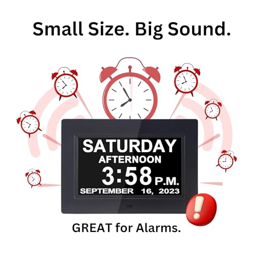 Azpen 7 Inch Digital Calendar Alarm Clock for Seniors - Large Display, Auto Dimming, Multiple Alarms, Easy-to-Read Day Date Clock, Black