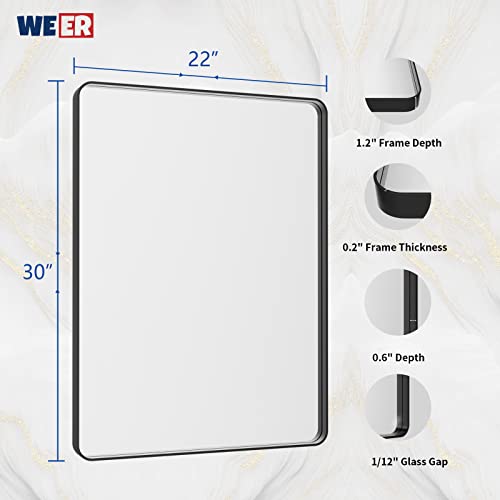 WEER Black Bathroom Mirror 22X30 Inch, Rounded Rectangle Matte Black Bathroom Vanity Mirror, Black Metal Framed Mirror for Wall, Tempered Glass, Anti-Rust, Hangs Horizontal or Vertical