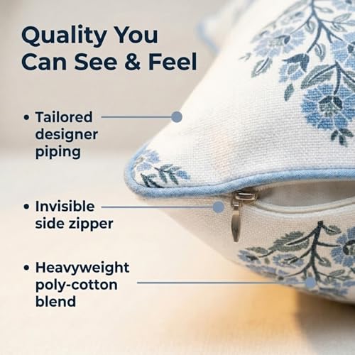 Jillien Harbor “The Camille” Floral Block Print Pillow Cover – Soft Blue and White Decorative Throw Pillow Cover – Grandmillennial Home Decor, 20" x 20"