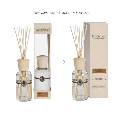 Archipelago Botanicals Bergamot Tobacco Reed Diffuser, Home Fragrance Reed Diffuser, Includes Fragrance Oil, Decorative Wooden Cap & 10 Diffuser Reeds, Perfect for Home, Office or Gift, 7.85 fl oz
