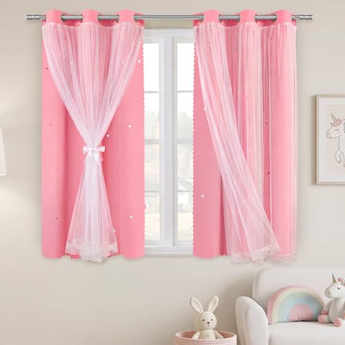 XiDi Pink Curtains for Girls Bedroom 2 Panels Pink Blackout Curtains with Sheer Overlay for Nursery Kids Room Star Double Layer Drapes with Tiebacks Room Darkening Grommet Window Treatment W34 X L63