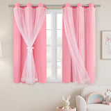 XiDi Pink Curtains for Girls Bedroom 2 Panels Pink Blackout Curtains with Sheer Overlay for Nursery Kids Room Star Double Layer Drapes with Tiebacks Room Darkening Grommet Window Treatment W34 X L63