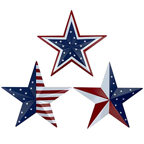 Metal Barn Star Art - American Flag Patriotic 9-Inch Star Wall Decoration, Wall Mount 3D Barn Star Decor July of 4th Decoration, Set of 3