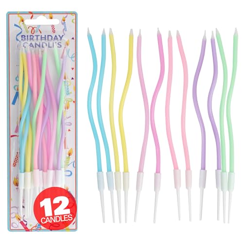 12 Count Pastel Twisted Spiral Birthday Candles, Rainbow Spiral Birthday Candles with Holders, Candle for Cake, Party Candle Set, Cake Candles