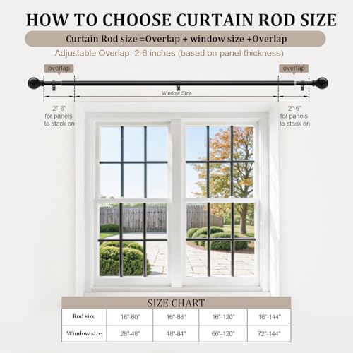 Black Curtain Rods for Windows 72 to 144 Inch 1" Diameter Heavy Duty Metal Adjustable Extra Long Blackout Traverse Window Treatment Rods with Decorative Finials Doorway Living Room Bedroom Kitchen