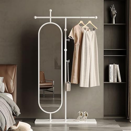 Standing Mirrors Simple Floor-Standing Coat Rack, Bedroom Home Dressing Mirror, rotatable Full-Length Mirror, Clothes Rack(White,80cm)