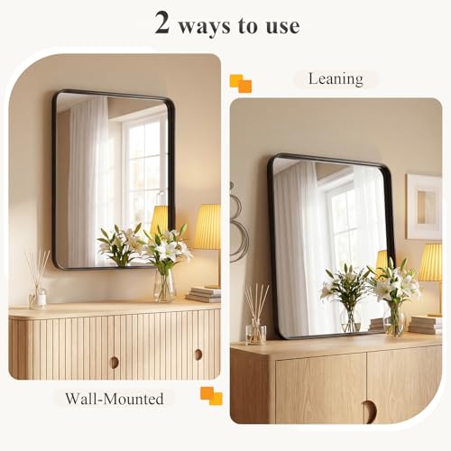 Sweetcrispy Bathroom Wall Mirror, 36x24 Inch Wall Mount Mirror for Over Sink, Modern Rounded Rectangle Vanity Mirrors with Matte Metal Framed, for Home Decor, Living Room, Bedroom, Black