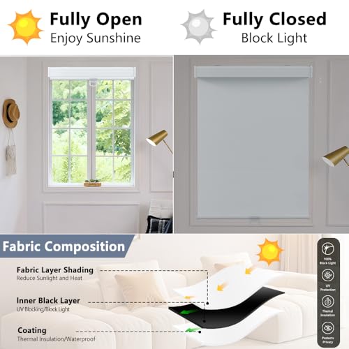 SHADEMOON Blackout Cordless Roller Shades for Windows,Free-Stop System Blind with Valance,Pull Down Room Darkening Indoor Shades,Thermal Insulated UV Blocking Fabric,Home Office(White,12" W x 72" H)
