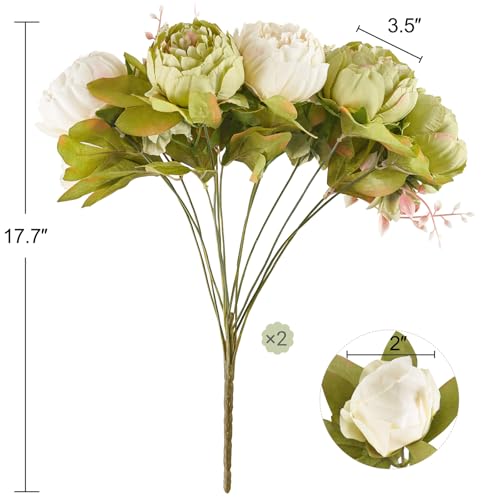 Mkono Peonies Artificial Flowers, 2 Packs 13 Stems Faux Peony Flowers Real Touch Fake Silk Bouquet for Arrangements Dining Table Centerpieces for Kitchen Bridal Wedding Party (2, New Green)