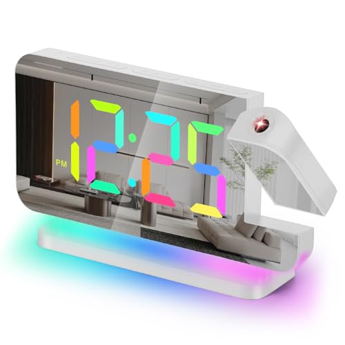 Projection Clock, 7.4" LED Mirror Digital Alarm Clocks, with RGB Night Light, 180° Rotatable Projector,USB C Charger Port, Auto Dimmer, Modern Desk Clock for Teens Girl Adults Bedroom - White