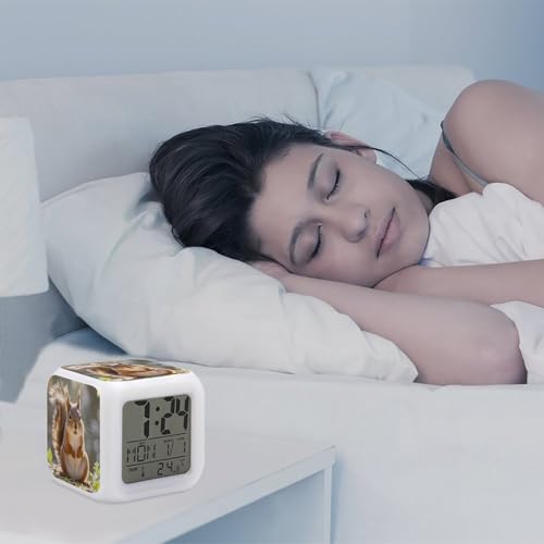 Squirrel Funny Animal Digital Alarm Clock for Heavy Sleepers Small Wake Up Digital Clock with Date Temperature 7 Colors Changing Desk Clock for Bedroom Bedside Nightstand
