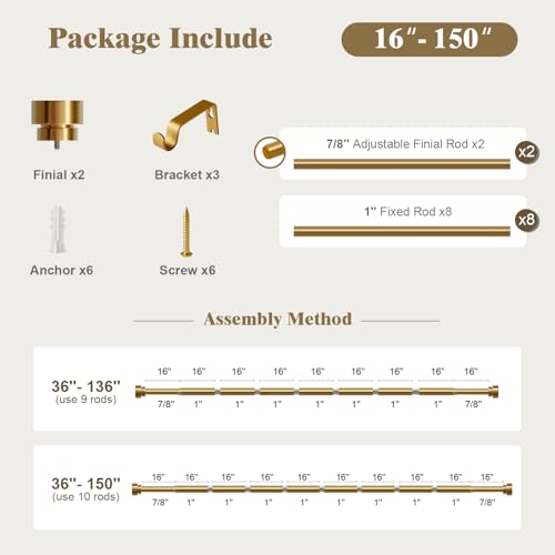 Oneach Heavy Duty Curtain Rods for Windows 72 to 144 Inch, 1 Inch Brass Gold Curtain Rod, Adjustable Length Rod with Metal Finials, Modern Decorative for Bedroom Kitchen Living Room