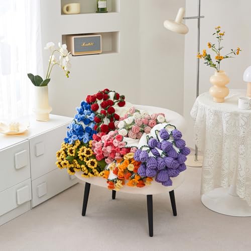 Crochet Flower Bouquet Throw Blanket, Handmade Knitted Blanket with Rose Flowers, Cute Romantic Gift for Her Girlfriend Mom Mother’s Day Valentine Wedding Anniversary Birthday (Without Packaging Bag)