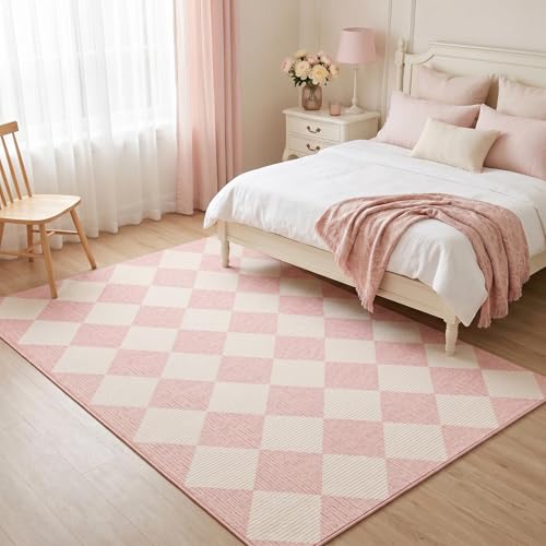 GarveeHome Large Area Rug 9x12 Pink Living Room Checkered Washable Rug