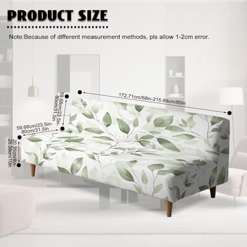 Green Leaves Futon Cover Stretch Armless Futon Couch Cushion Cover Washable Non-Slip Sofa Bed Slipcover with Elastic Bottom for Home Indoor Living Room Furniture Protector