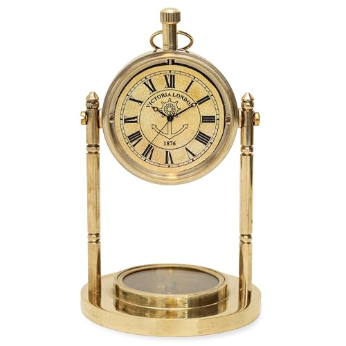 LIARA Vintage Brass Gold Table Clock Compass | Elegant Vintage Nautical Timepiece for Home & Gift