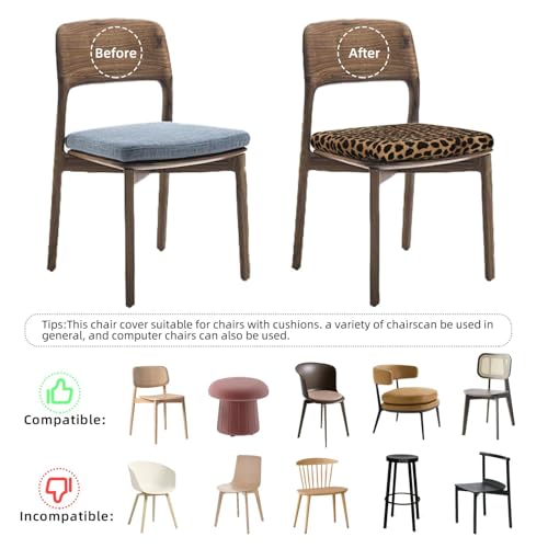(Leopard Print) Stretch Seat Covers Set of 2 for Dining Room Chairs Elastic Chair Cushion Slipcovers for Kitchen Office
