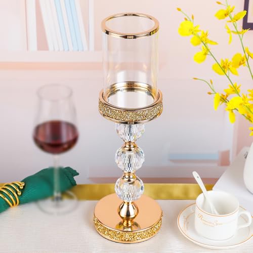 Hurricane Glass Candle Holders, Gold Pillar Candle Holders for Pillar Candle, Magnetic Glass Cover, Crystal Candlesticks Holder for Dining Coffee Table, Wedding,Events,Parties, Home Decor
