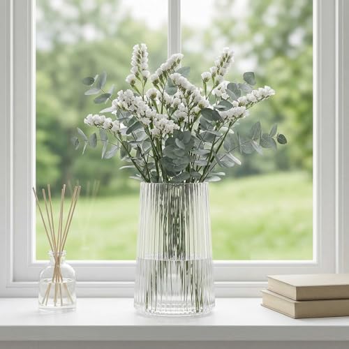 Clear Glass Vase for Flower, Flower Vase for Bouquet, Modern Glass Vases, Ribbed Vases for Living Room, Bedroom, Dining Table, Office, Wedding, Centerpieces, 8 Inches