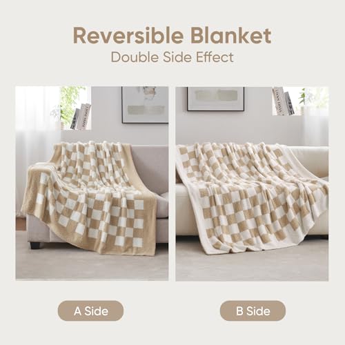 Snuggle Sac Checkered Bedding Blanket Twin Size 60x80, Super Soft, Cozy Warm Knit Blankets, Reversible Breathable Lightweight Fluffy Throws for Sofa, Bed, Checkered Beige, 60x80 Inches
