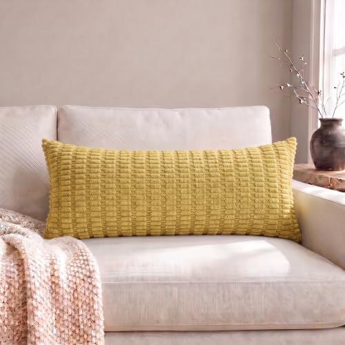 Fancy Homi Decorative Throw Pillow Covers for Bed Couch Bedroom Bench, Soft Lumbar Corduroy Solid Pillow Case, Rustic Farmhouse Boho Room Décor, 54" x 20" (Pack of 1), Mustard Yellow