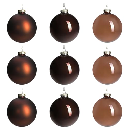 DN DECONATION Brown Glass Christmas Ball Ornaments, Set of 9, 3' Hanging Christmas Baubles for Xmas Tree Decoration, Wedding Party Gift