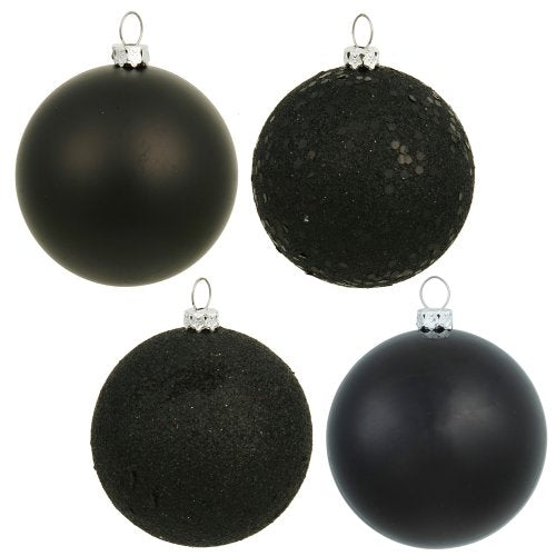 Vickerman 4-Finish Assorted Plastic Ornament Set & Shatterproof Christmas Ball Ornaments with Drilled Cap, Assorted 4 per Bag, 6", Black