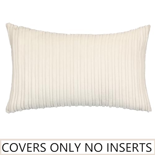 UGASA Velvet 12x20 Inch Lumbar Throw Pillow Cover, Both Sides Corduroy Striped, Soft Solid Decorative Rectangular Cushion Case for Couch/Bedroom/Car, 1 Piece, Cream