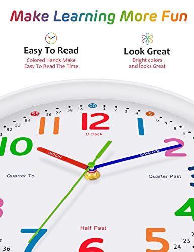 Silent Kids Wall Clock – Non-Ticking, Battery-Powered, Ideal for Teaching Time and Stylish Décor in Any Room - 12 Inch