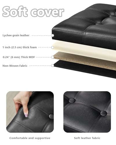 Bsketa Storage Ottoman Bench,17 Inch Folding Leather Foot Rest Stools,Black