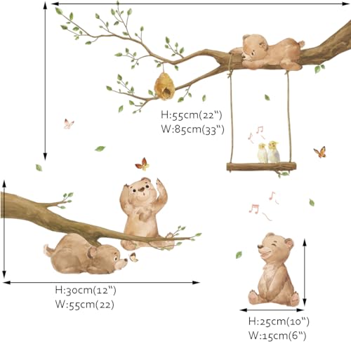 Runtoo Bear Wall Stickers Woodland Animal Tree Branch Wall Decals for Kids Bedroom Baby Nursery Home Decor