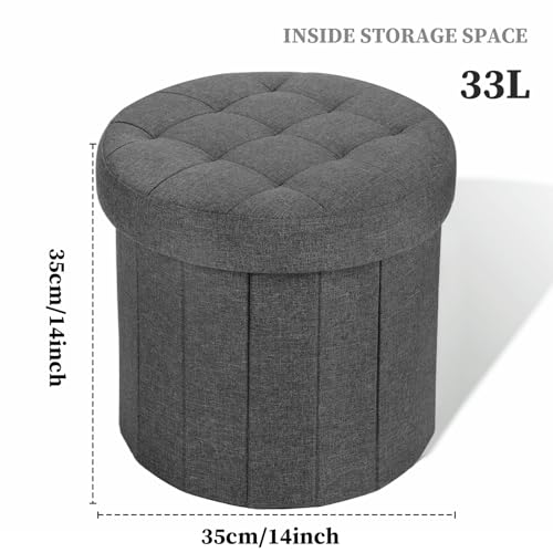 Bsketa Round Storage Ottoman, 14" Folding Linen Foot Stool,Dark Gray 2 Pack