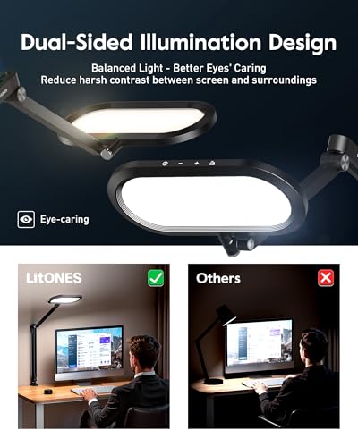LED Desk Lamp for Home Office, Eye-Care Dual-Side Desk Light with Clamp and Stepless Knob Remote, 50 Lighting Modes, Memory, Adjustable Arm Clamp on Light for Video Conference, Zoom Call, Study