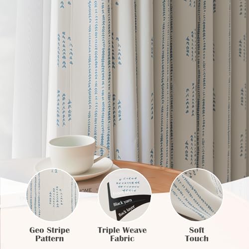 100% Boho Blackout Curtains 84 Inches Long for Bedroom, Blue on Beige Patterned Bohemian Curtains for Living Room, Geometric Striped Thermal Insulated Window Drapes Grommet Top 2 Panels
