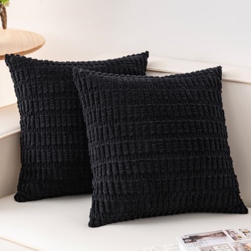 Pack of 2 Corduroy Decorative Throw Pillow Covers 22x22 Inch, Black
