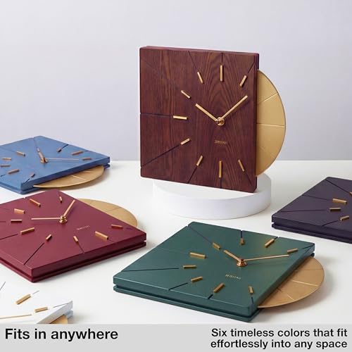 Driini Clocks Mid Century Modern Wall Clock - Square Wood Clock with Decorative Gold Accent- Unique and Cool Clock, Battery Operated - MCM Decor & Decorative Wall Clock for Mid Century Modern Decor.