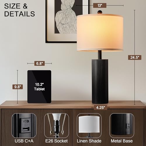 24.5" Black Lamps Set of 2, Modern Table Lamps for Living Room with USB C+A Ports, Creative Stripe Touch Lamps for Nightstand, 2 Bulbs Included